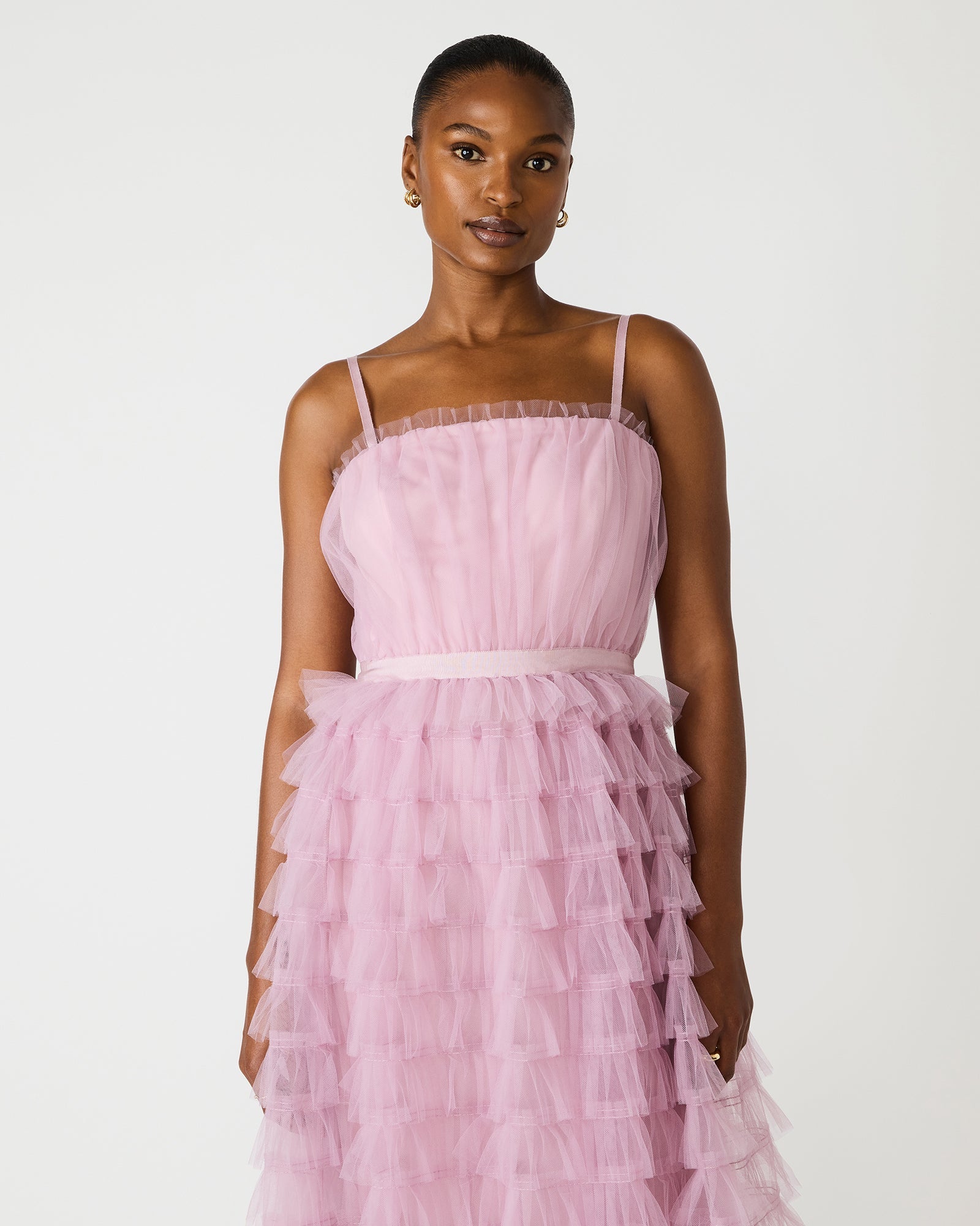TIERED TULLE GOWN DAWN PINK